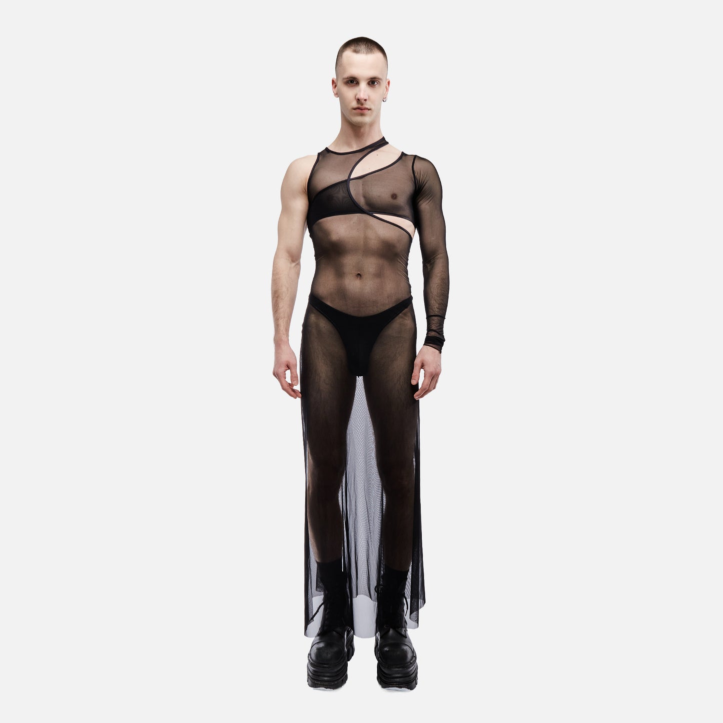 Asymmetrical long dress sophisticated in mesh fabric