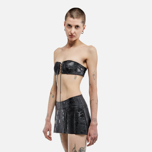 BLACK BRA AND MINI SKIRT SNAKE TEXTURE PVC material adjustable