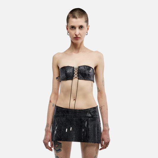 BLACK BRA AND MINI SKIRT SNAKE TEXTURE PVC material adjustable