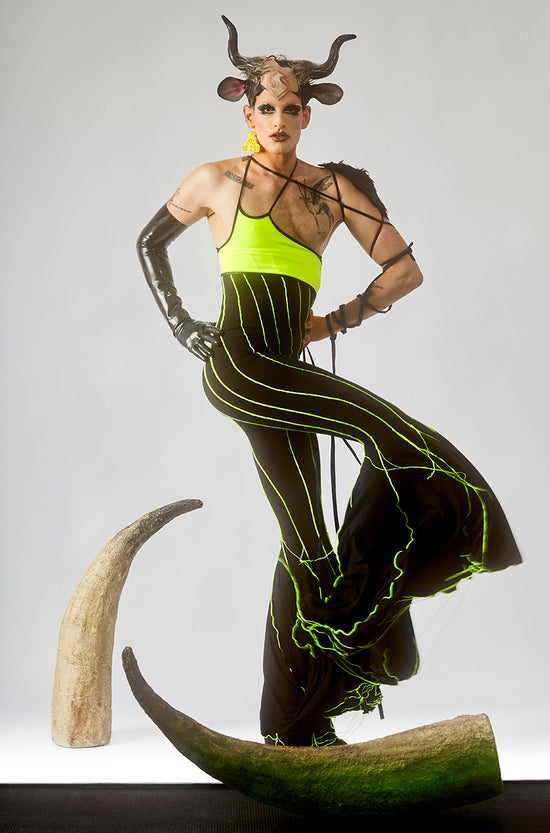 nur_hektor In support of queer and animal liberation: Soyathecow wearing Super Flair Pants & Asimetrical Top in Neon color . Look made of all vegan synthetic materials. You can see the whole interview at oemagazine magazine