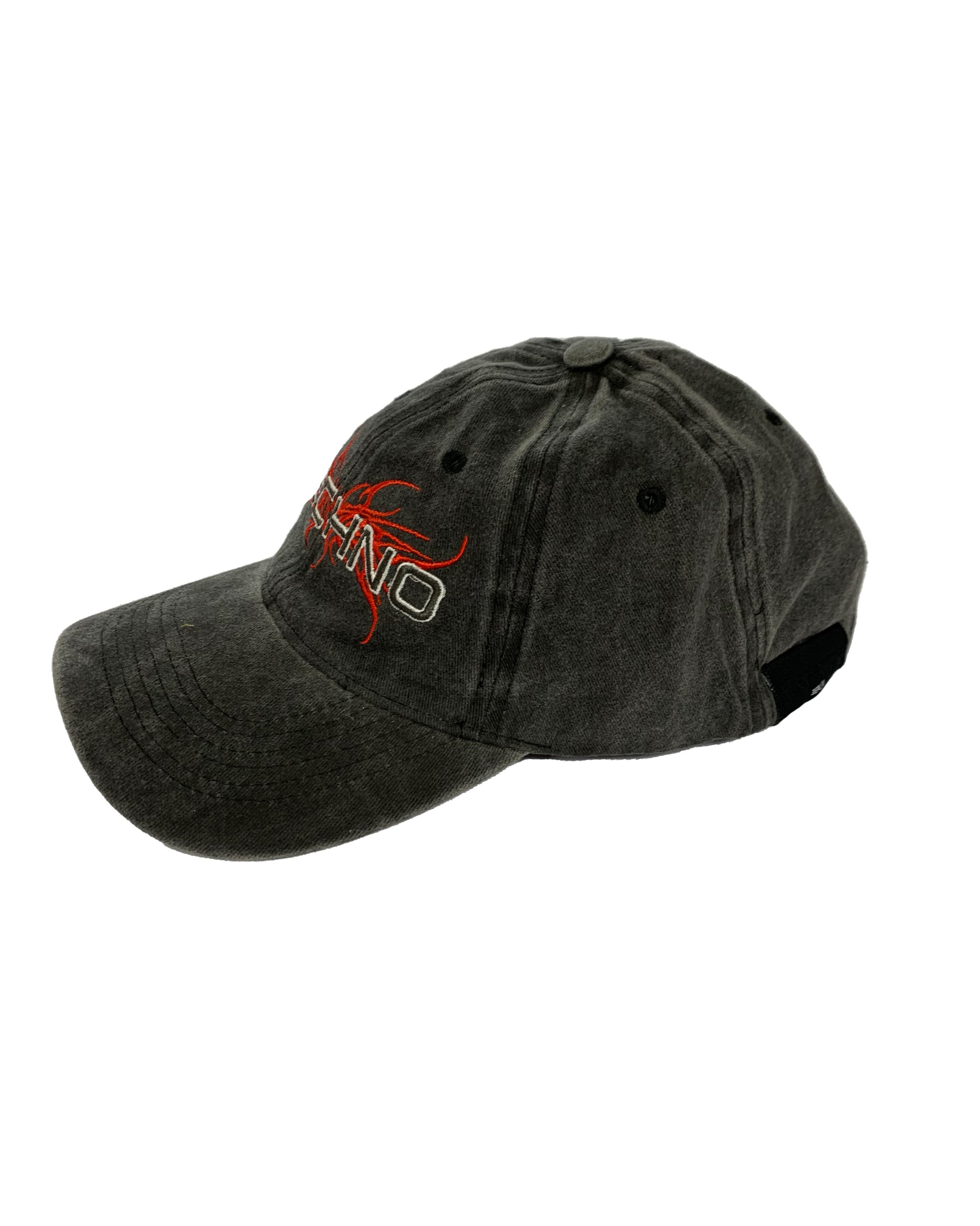 Acid washed black cap embrodery techno and tribal This bold cap is the perfect accessory to make a statement. Its acid-washed black base exudes a stylish, contemporary vibe while the embroidered TECHNO and tribal designs bring a rave touch