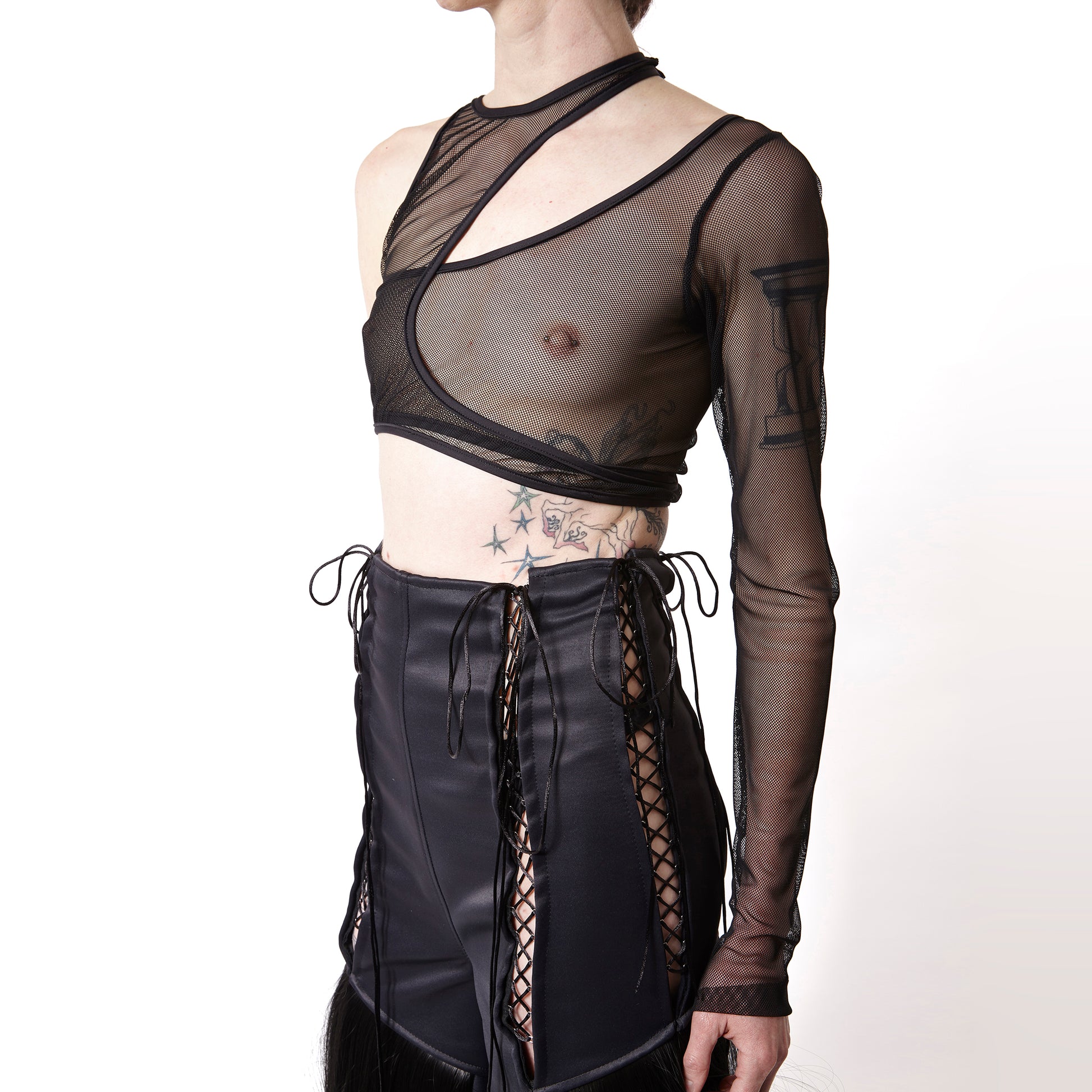 black outfit, queer, corset pants, club wear. Top mesh asimetric club wear ASYMMETRICAL MESH TOP is created with lightweight and breathable mesh fabric